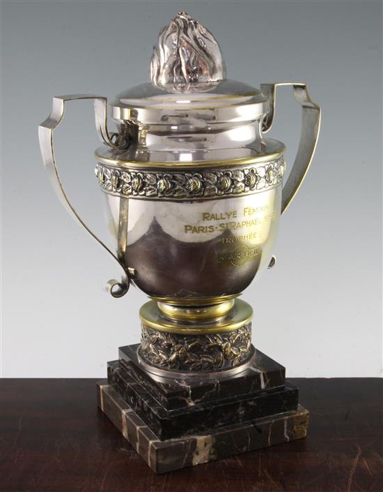 A 1950s French plated two handled presentation trophy cup and cover.